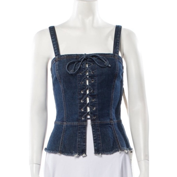 REFORMATION Denim LEXI Crop Blue Sleeveless Square Neckline Bustier Tie Front 4 - Picture 4 of 12
